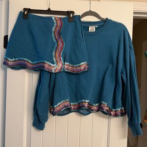 Queen of Sparkles - Teal Sweatshirt and Skirt Set with Sequin Trim